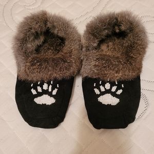 Custom made Moccassins, Black suede with grey/brownish Rabbit fur. Ladies Size 7